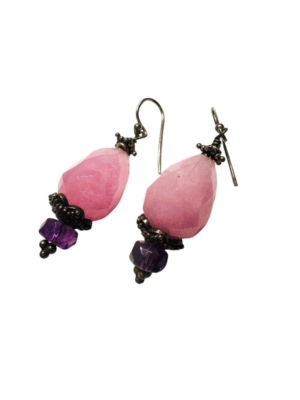 Rose Quartz & Violet Glass Bead Dangle Earrings With Silver Tone Metal